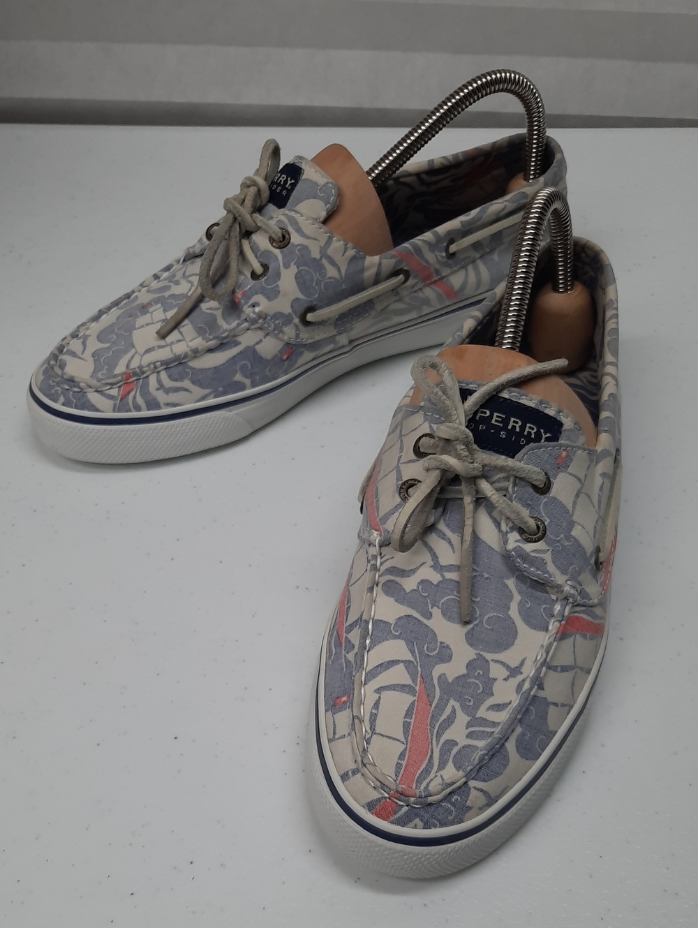 Sperry Womens Canvas Boat Shoes - Blue & Coral Pattern